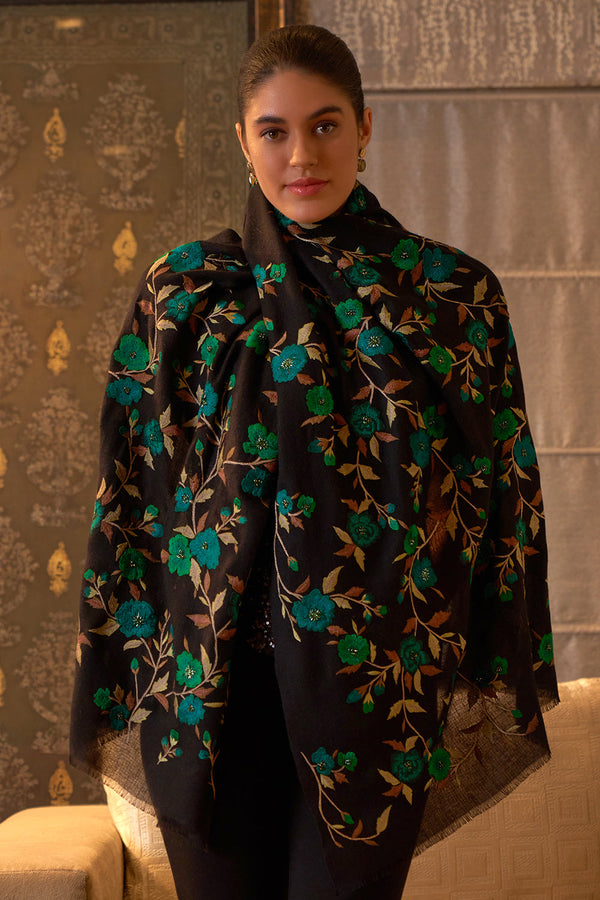 Sapphire Dream  | Embroidered Pure Cashmere Stole